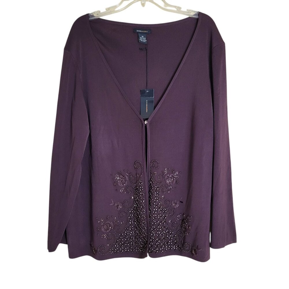 BCBG Maxazria Cardigan Sweater Size 3X Brown Beaded Open-Front Knit